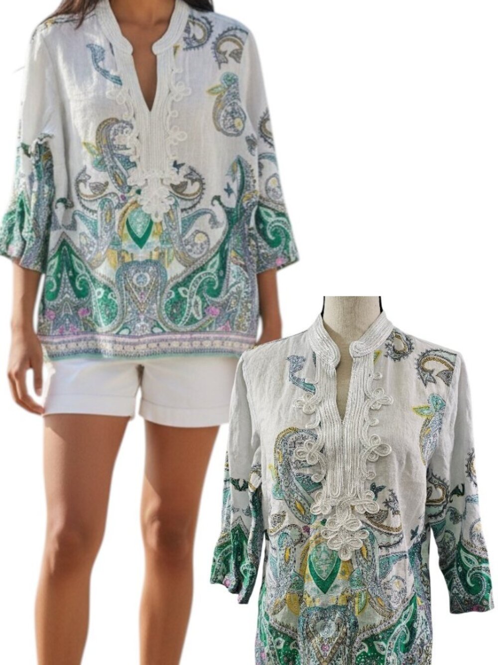 Charter Club Luxury Linen Embroidered Paisley Print V-Neck Tunic Top – Size PL